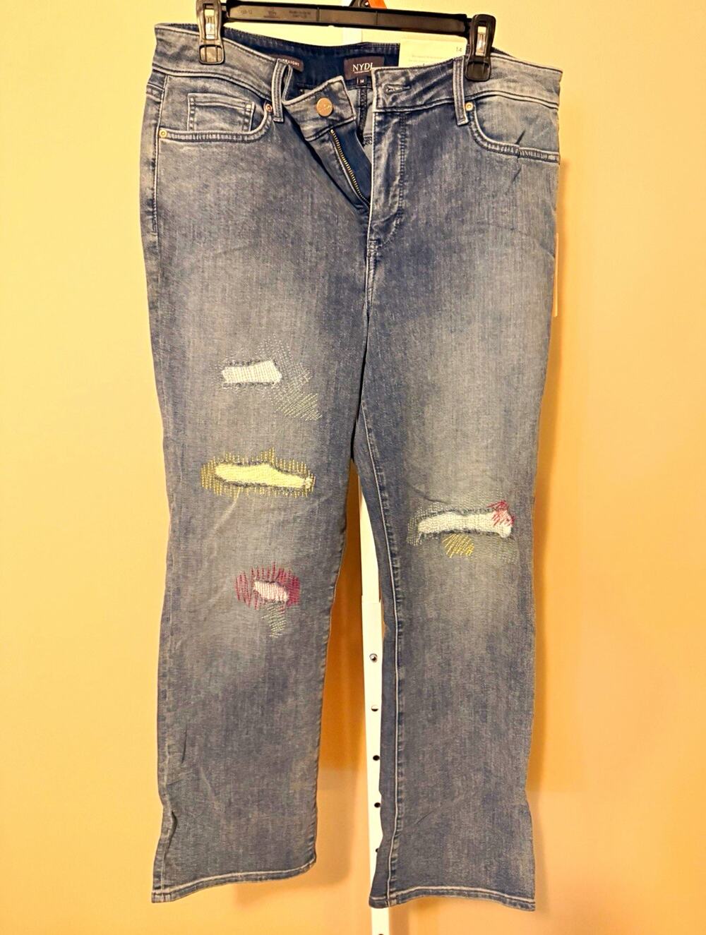 NYDJ Cool Embrace Women’s Straight Blue Denim Jeans 14 Embroidered Zip Button